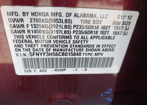 2012 Honda Pilot Ex-L z USA, uszkodzony, nr VIN 5FNYF3H56CB015840